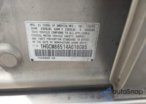 2004 Honda Accord 3.0 Ex z USA, uszkodzony, nr VIN 1HGCM66514A016085